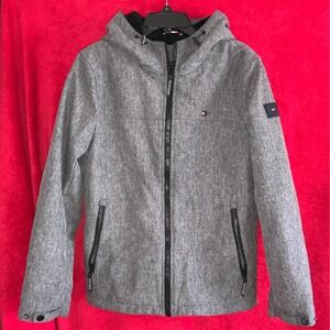 Sz S Tommy Hilfiger Gray Softshell Jacket Hooded Water Wind Resistant